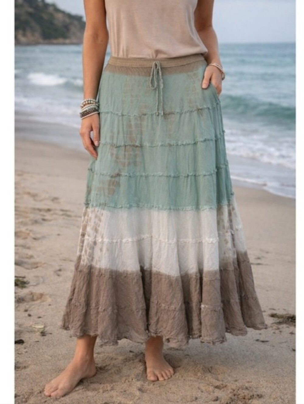 Metrowear Boho Peasant 90s Coastal Tiered Tie-dye Raw Hem Teal/Tan Midi Sz L/XL
